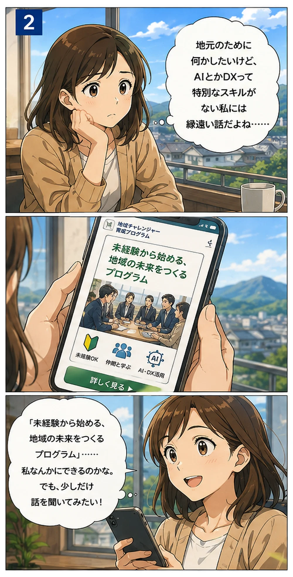 マンガ2ページ目：地元のために何かしたいがAI・DXは縁遠いと感じていた女性が、未経験から始められるプログラムを知る場面。