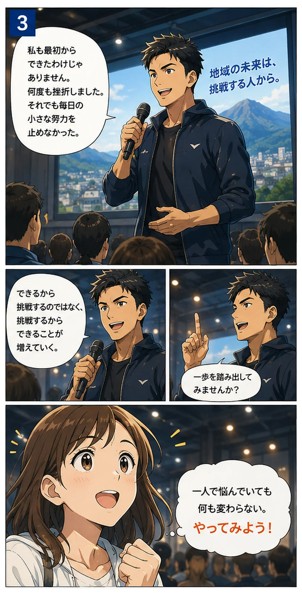 マンガ3ページ目：講演者が「できるから挑戦するのではなく、挑戦するからできることが増えていく」と語り、女性が一歩を踏み出す場面。